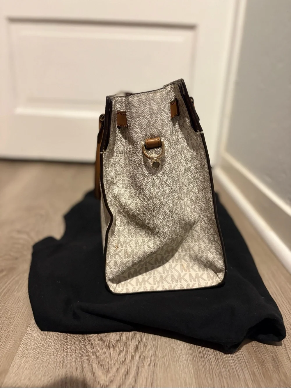 Michael Kors Beige & Brown Logo Satchel with Gold Hardware